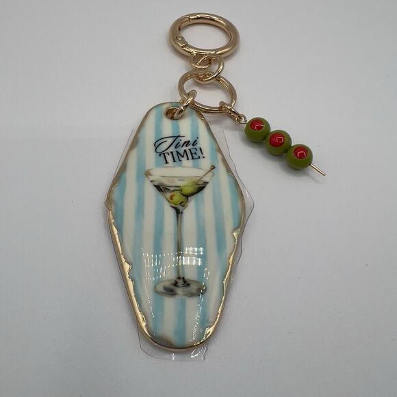 Piper K Tini Time Martini Glass Keychain Bag Charm Blue Stripe Beads Olive Retro - Picture 2 of 6